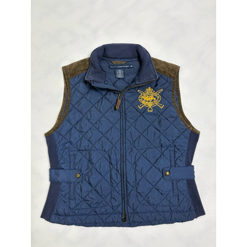 VTG Ralph Lauren Sport Quilted Vest XL Navy Suede Trim Equestrian Crest Blue